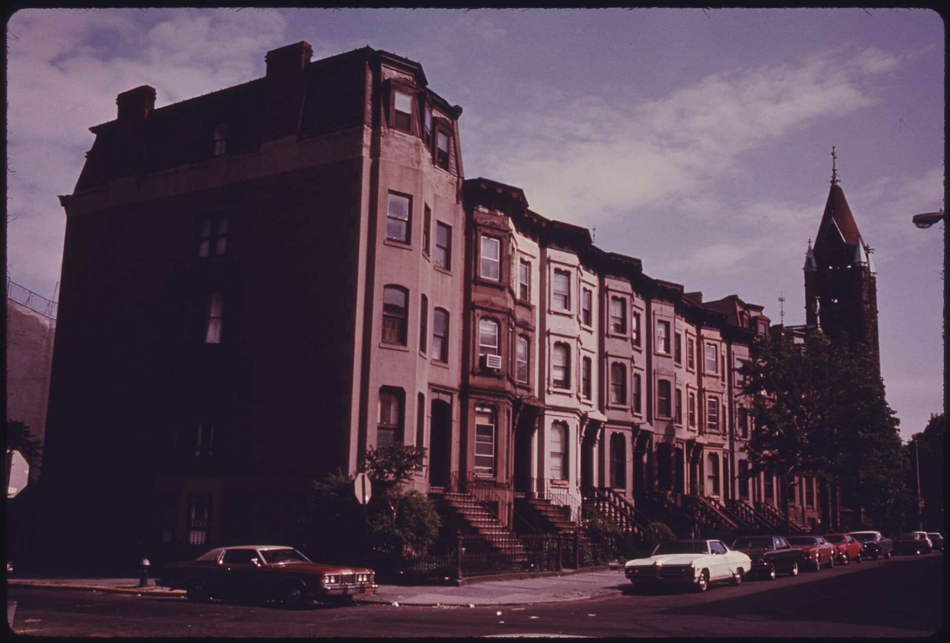 A block of brownstone residences in Park Slope, Brooklyn.